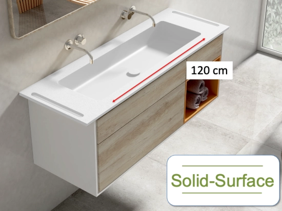 Plan vasque lavabo sur mesure : L 130 à 201 x P 40 à 51 cm, finition lisse mate, Solid-Surface, Anti bactérien, résine Akrytan® teinté dans la masse, Livraison Offerte.